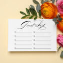 Beautiful flowers and guest list on beige background, flat lay