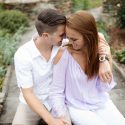 Engagement photos on steps outside