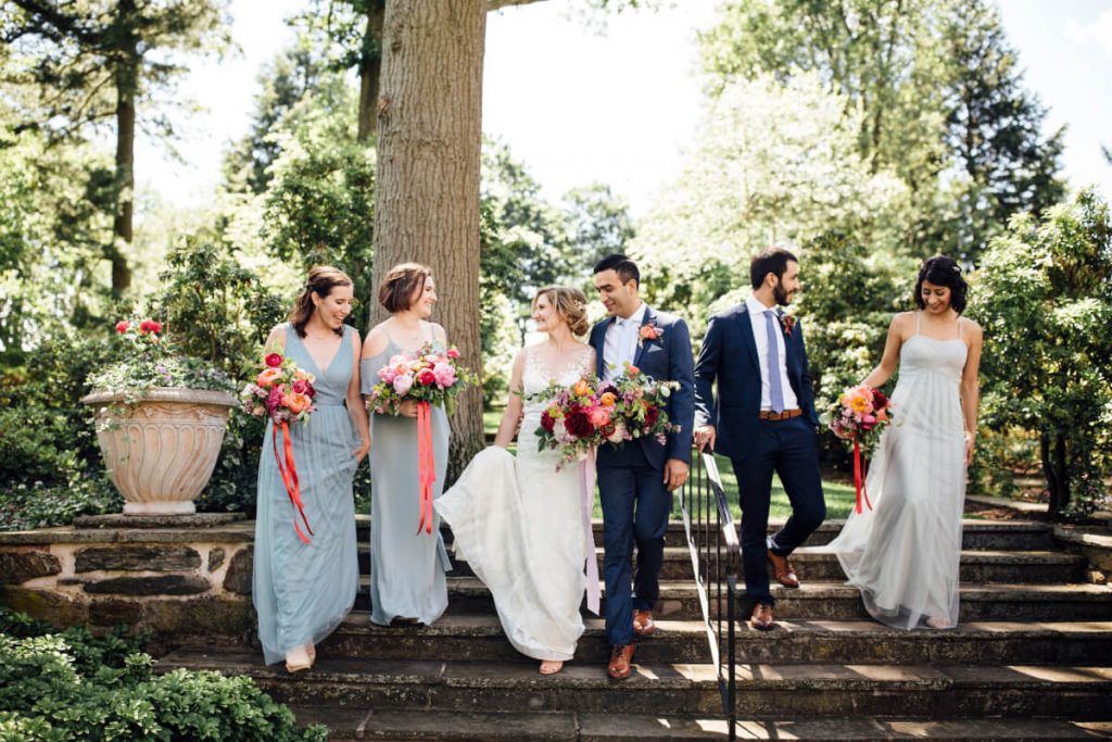 Spring wedding, bridal party in The Formal Garden, blue and pink wedding colors, Real Wedding - Katie & Rodrigo, Drumore Estate