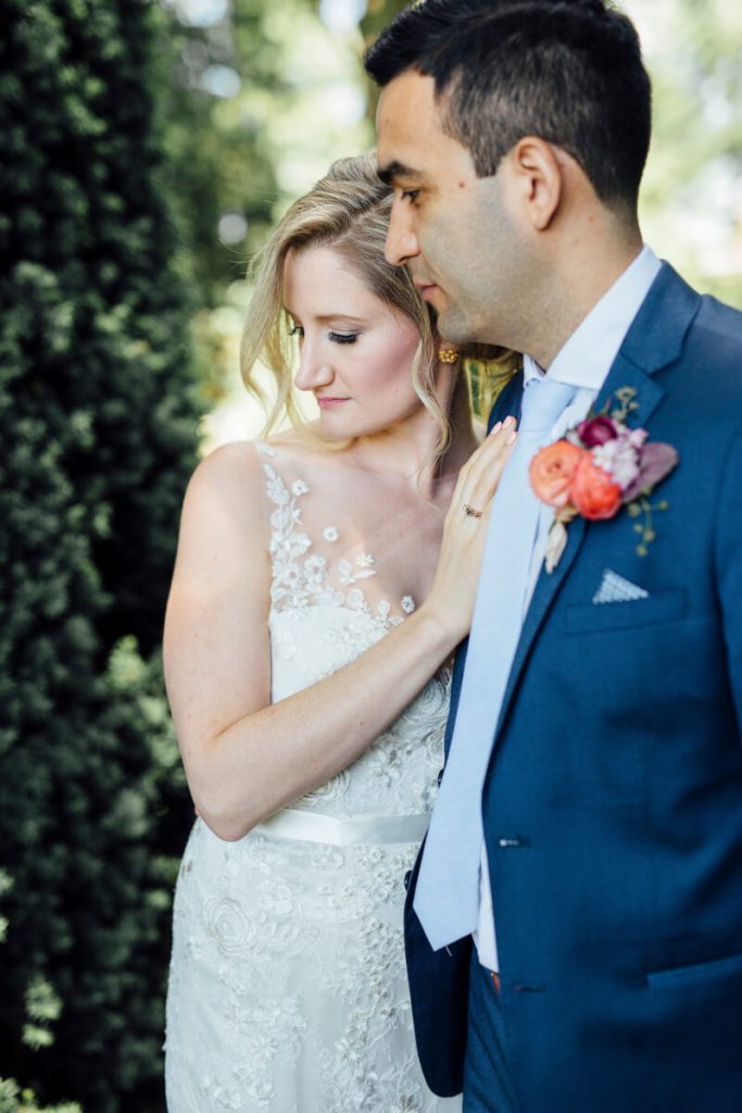 Lace wedding dress, blue suit, bride & groom at Drumore Estate, Lancaster PA