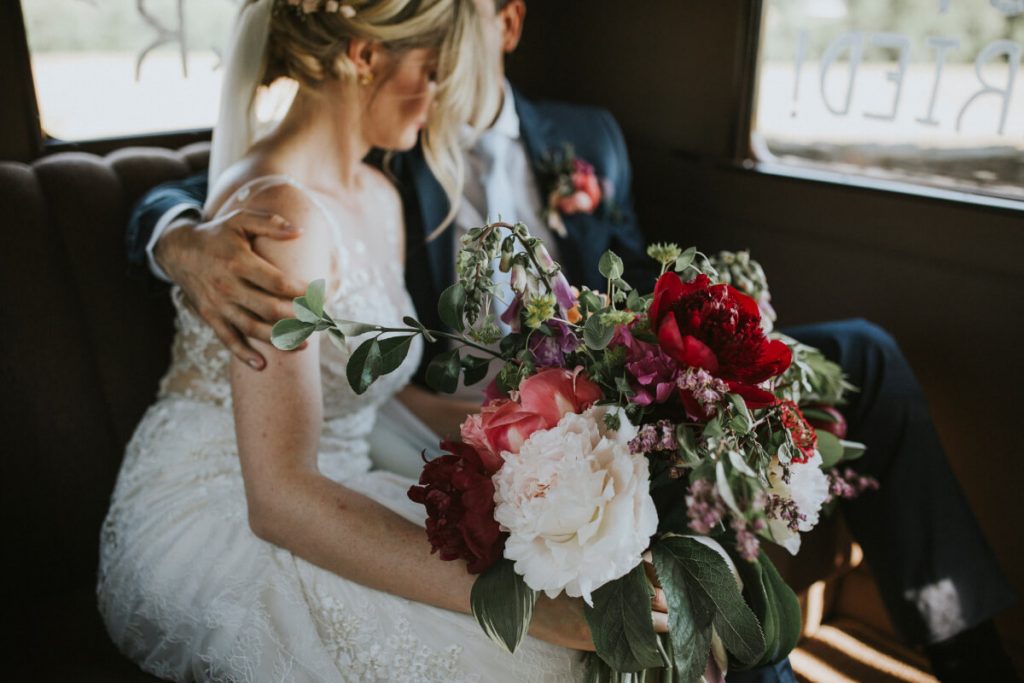 Pink, red and with wedding bouquet