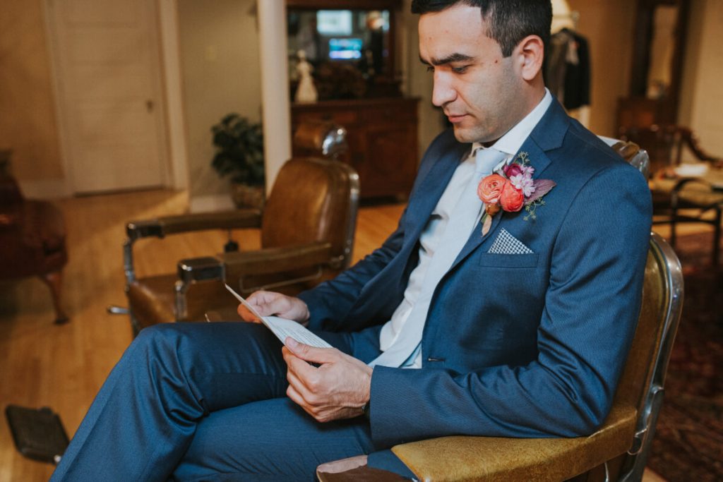 Groom with blue suit, checkered pocket square, Groom's lounge, Drumore Estate