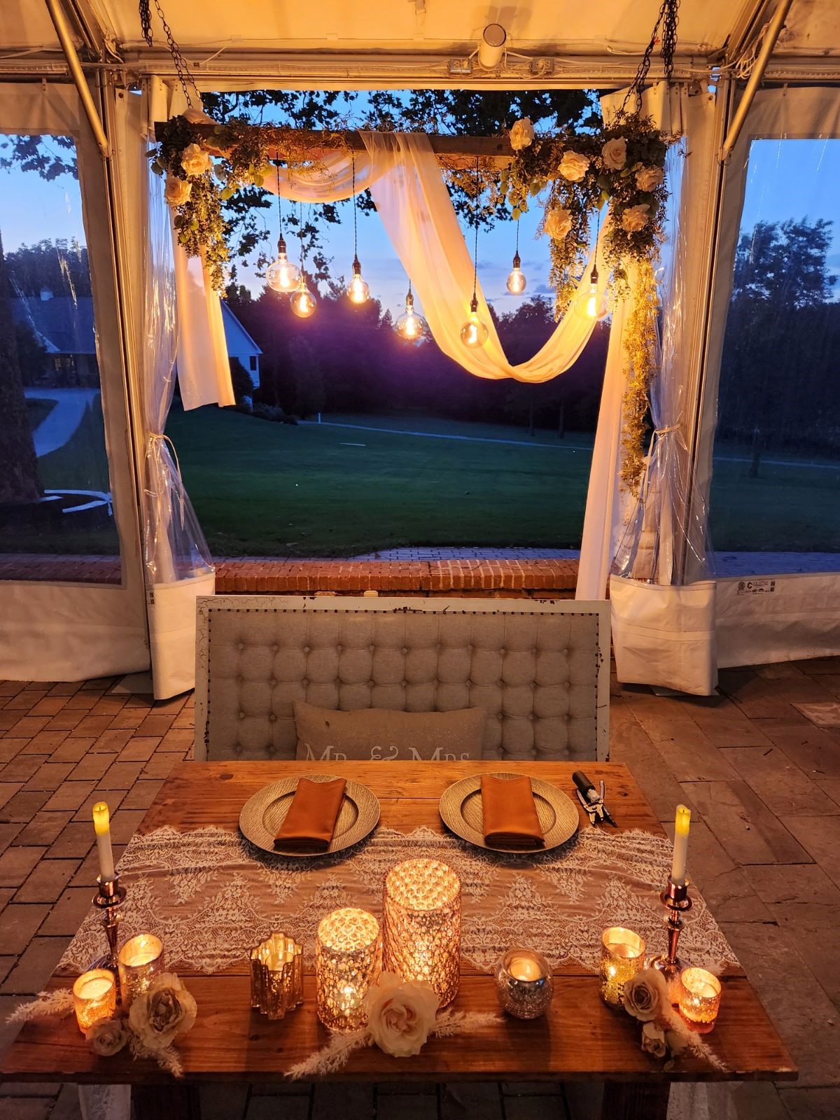 fall wedding at Drumore Estate with hanging lights and candle setup